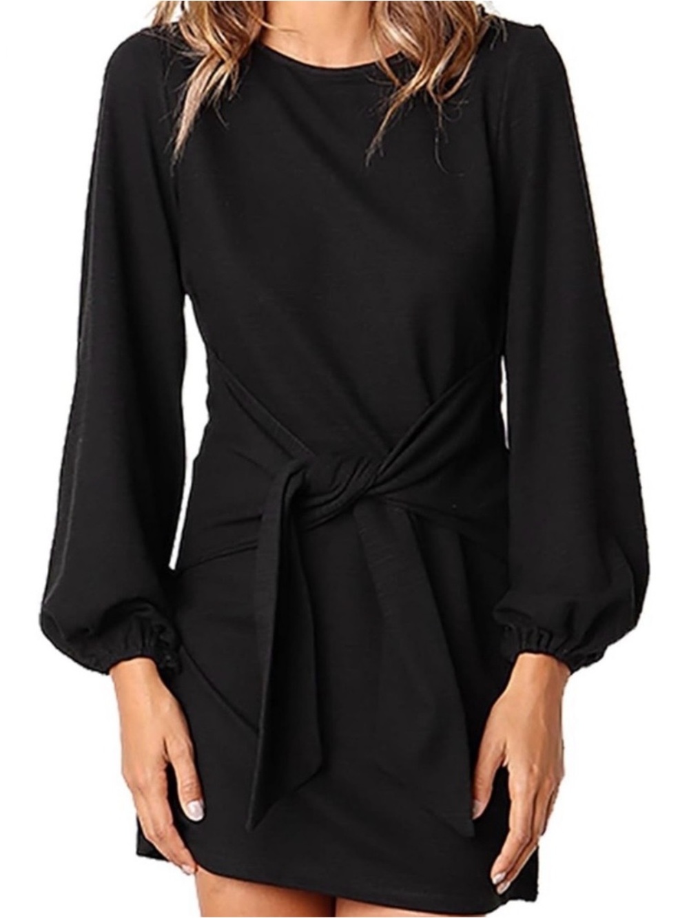 Women's Black Tie-Waist Long Sleeve Dress